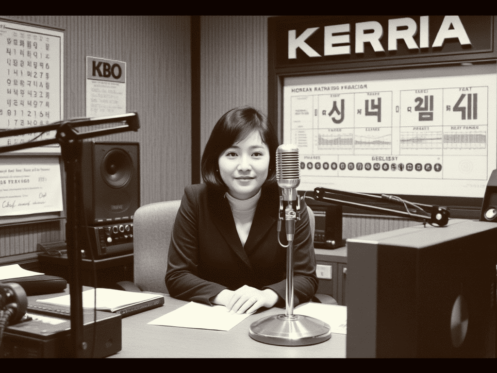1970년대 라디오 부스에서 마이크 앞에 앉은 여성 아나운서의 흑백 사진