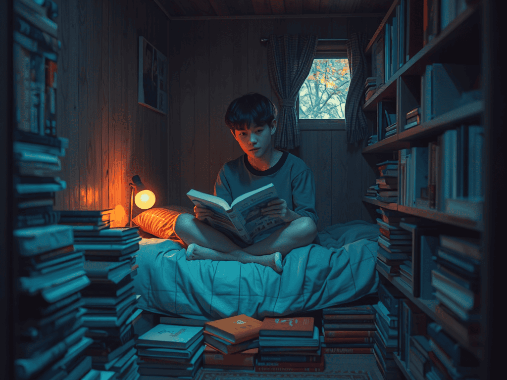 좁은 방에서 책을 읽는 청년의 모습